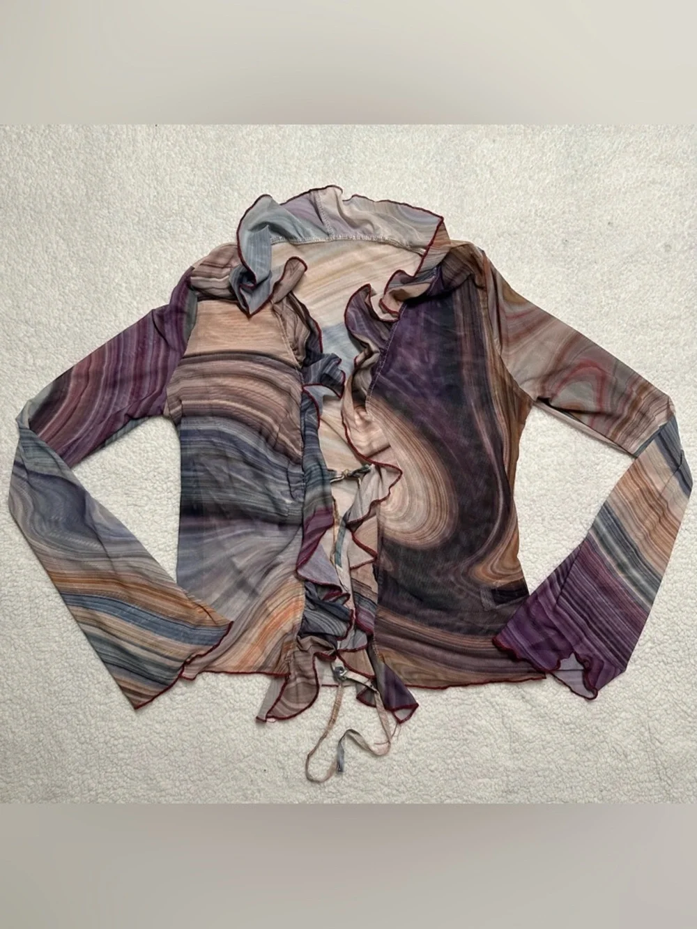 SHEIN Multi-Color Striped Ruffle Tie-Front Sheer Blouse - Picture 3 of 8